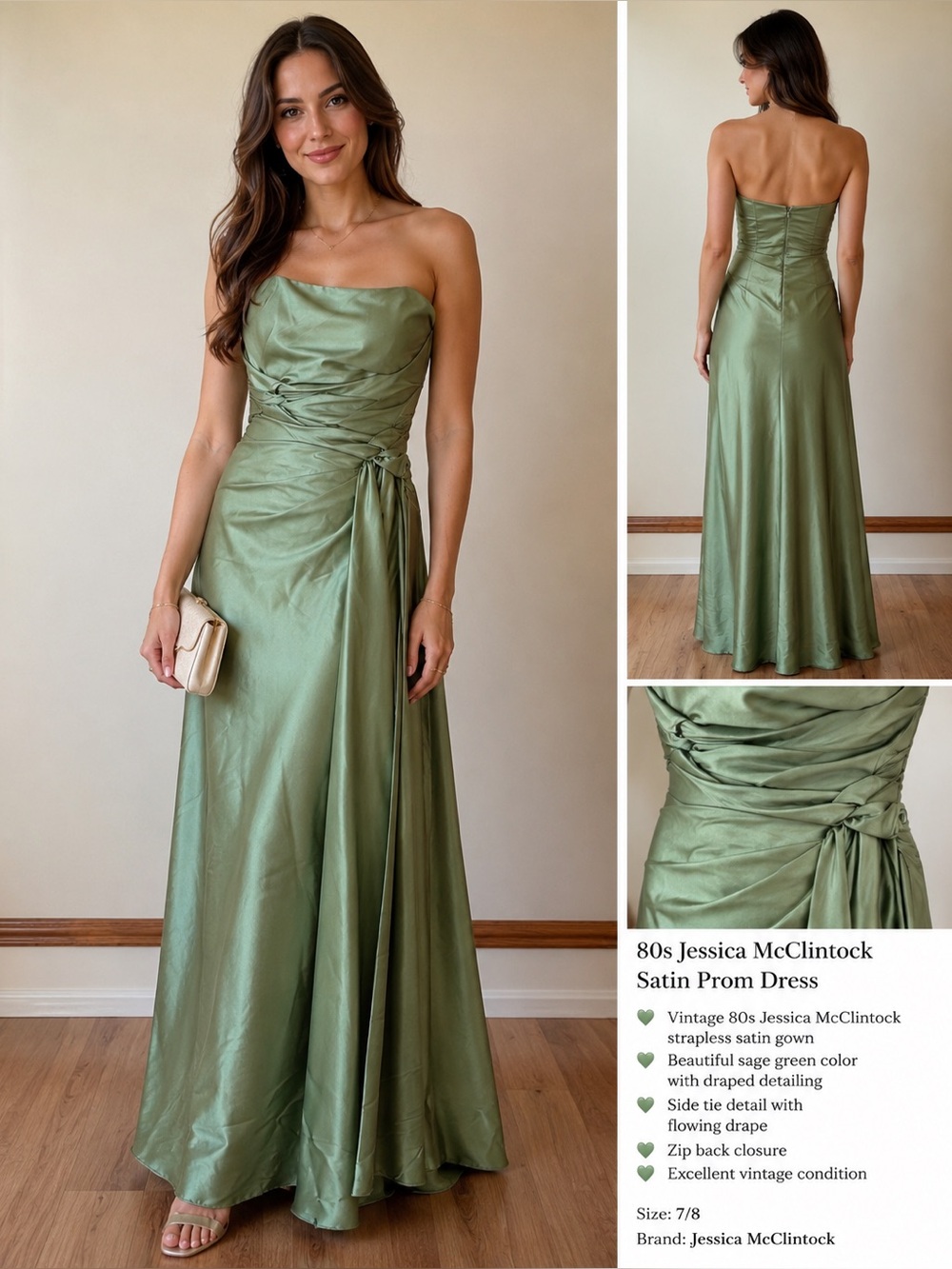 Vintage 80s Jessica McClintock Sage Green Strapless Satin Gown Size 8 Fits 4-6